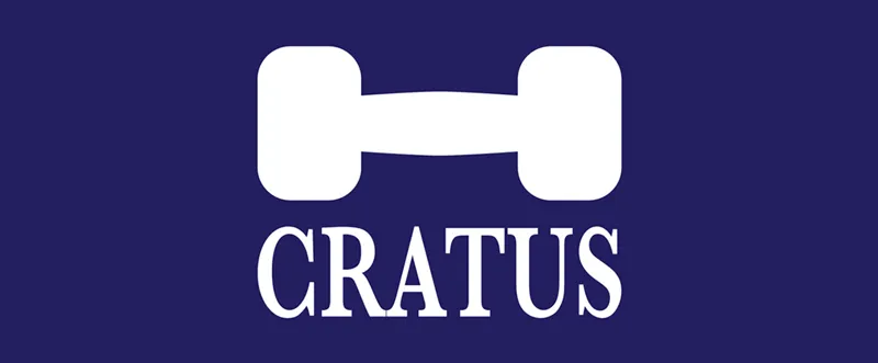 White Cratus logo with a dumbbell shaped symbol above the wordmark over a dark blue background.