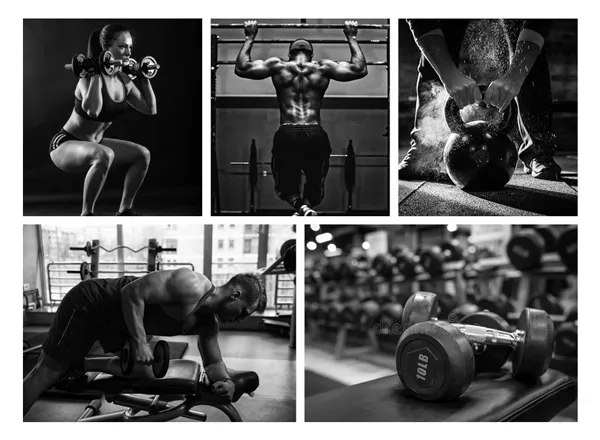 Moodboard with black and white images of people working out.