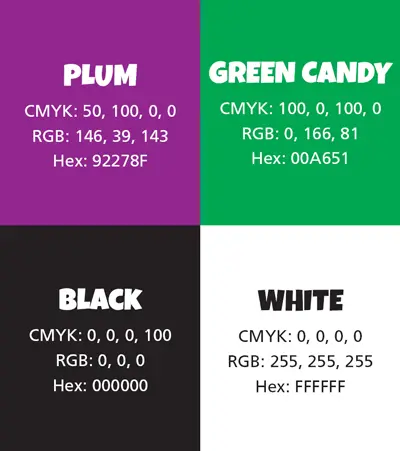 Colour palette with purple, green, black, and white.
