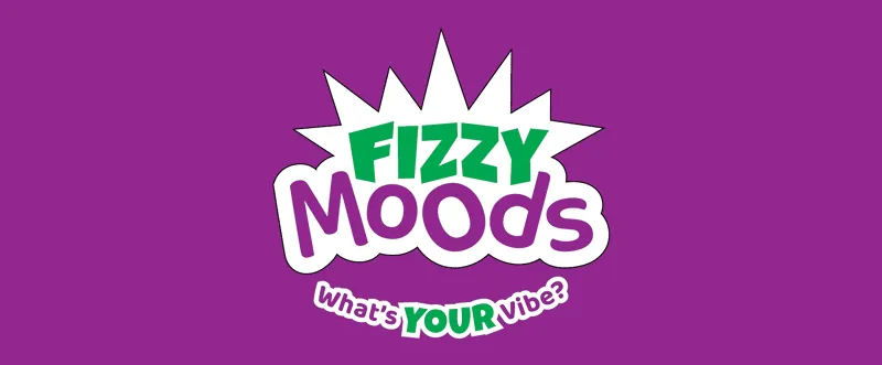 Fizzy Moods logo is a green and purple wordmark on an overlay with half a starburst shape on top and curved outline on the bottom half. The tagline, 'What's your vibe' is underneath the logo.