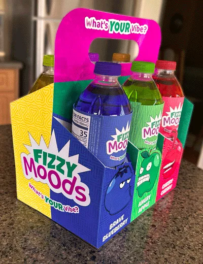 One side of the variety pack is displayed. The Fizzy Moods logo and tagline fill the space on the side of the packaging.