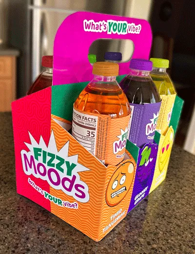Other side of the variety pack is displayed. The Fizzy Moods logo and tagline fill the space on the side of the packaging.