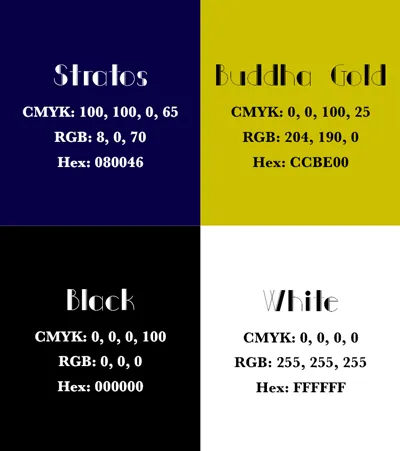 Colour palette I used including dark blue, gold, black, and white.