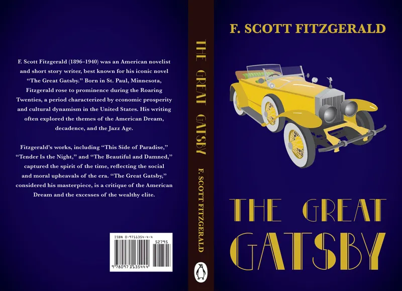 Cover layout with an illustration of a yellow Rolls Royce on the cover with the title 'The Great Gatsby' underneath. There is a black spine and on the left is the summary of the auther, F. Scott Fitzgerald.