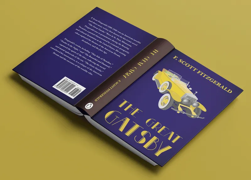 Opened hardcover book lying on a table, pages down. There is an illustration of a yellow Rolls Royce on the cover with the title 'The Great Gatsby' underneath.