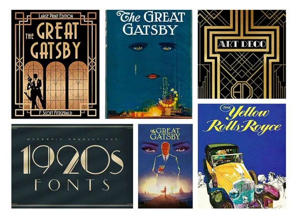 Moodboard with different editions of The Great Gatsby and 1920s designs.