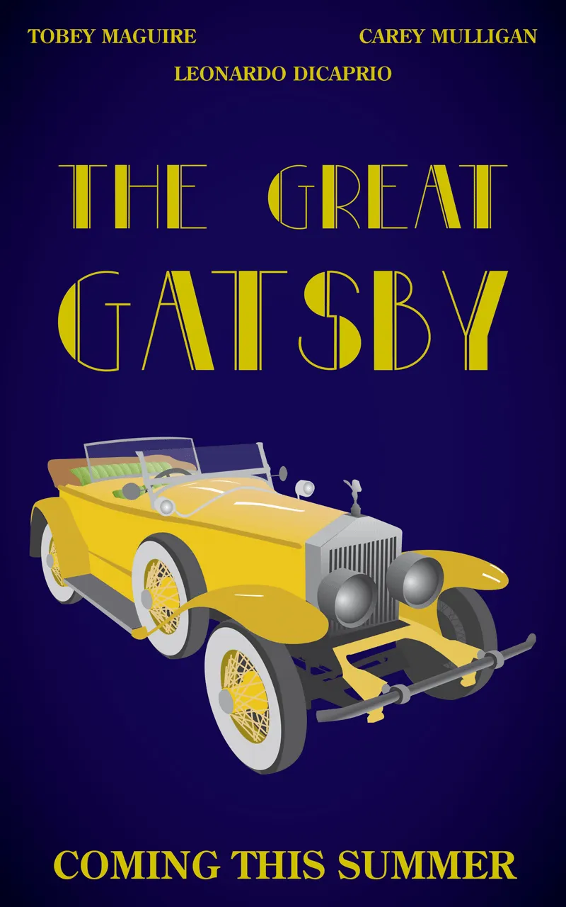 Great Gatsby poster rendition I designed with an illustration of a yellow Rolls Royce over a dark blue background.
