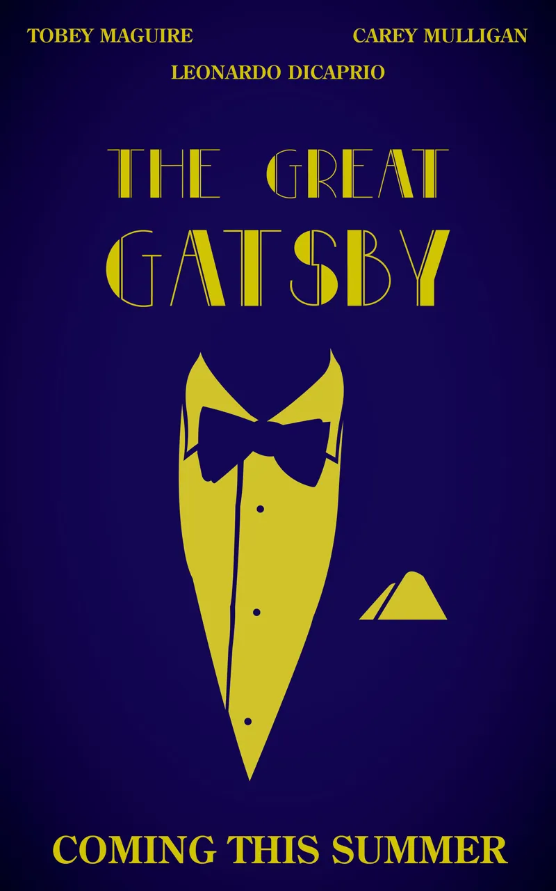 Great Gatsby poster rendition I designed with an illustration of a dress shirt with a bowtie and handkerchief in solid goldish yellow over a dark blue background.