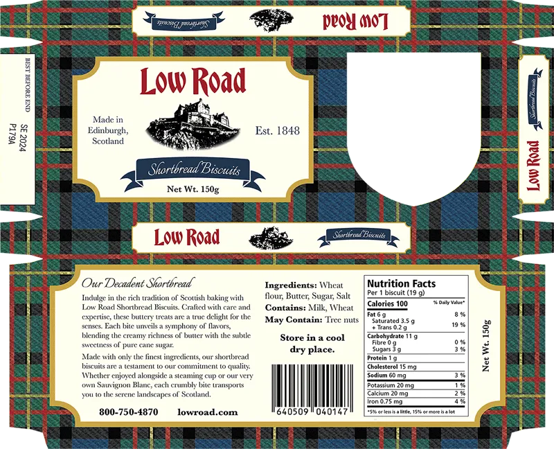 Layout of the Low Road shortbread box, which uses the tartan pattern in the background.