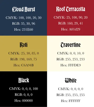 The colour palette I used, which consists of dark blue, red, gold, light beige, black, and white.