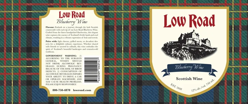 Layout of the Low Road wine label, which uses the tartan pattern in the background.