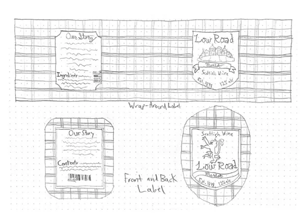 My sketches of ideas for the Low Road wine label.