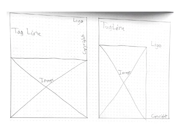 Sketches for potential magazine ad layouts.