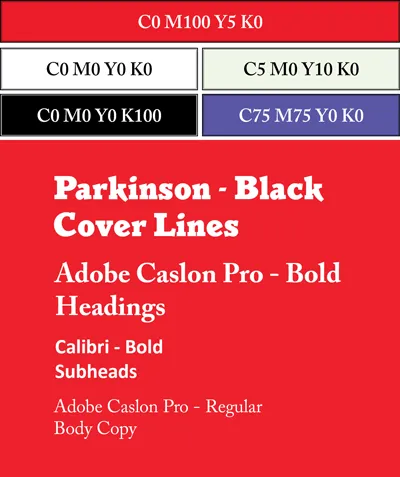 Colour palette with red, white, light beige, black, and light purple-blue. Below it are the font pairings: Parkinson (black), Adobe Caslon Pro (bold and regular), and Calibri (bold).