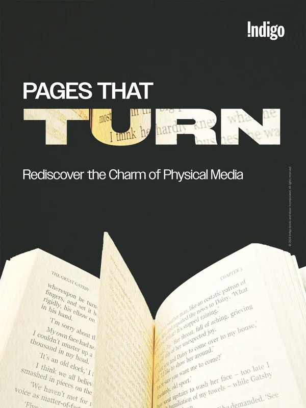 Magazine ad for Indigo featuring an open book with one page flipping. The tagline 'Pages That Turn — Rediscover the Charm of Physical Media' is above, with the logo in the top right.