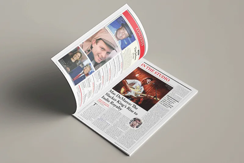 Magazine opened to the first spread: table of contents on the left, first article opening on the right.