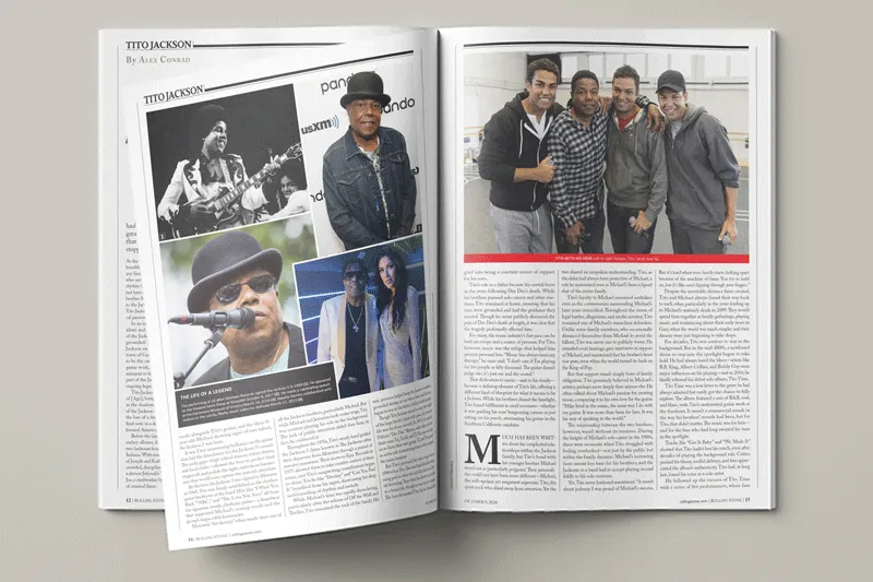 Open magazine on a table showing the full spread of the main cover article.