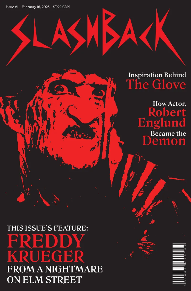 Slashback issue #1 cover with Freddy's red apparition face at the forefront on top of a black background. The Slashback nameplate is on the top and cover story lines align the left and right of the cover in red and white text.