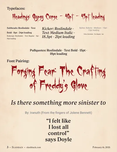 Font pairing with Gypsy Curse, Roslindale, and Roboto. Examples of the treatment of headings, subheads, body copy, pullquotes, folios, and bylines are displayed.