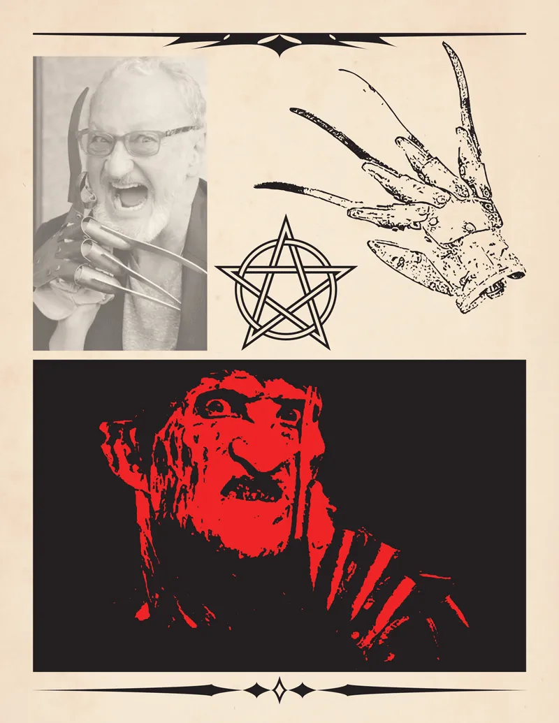 Imagery used which displays a black and white photo of Robert Englund, a pentagram graphic, an inked illustration of Freddy's glove, a red apparition of Freddy's face over a black background, and sharp horizontal page furniture.