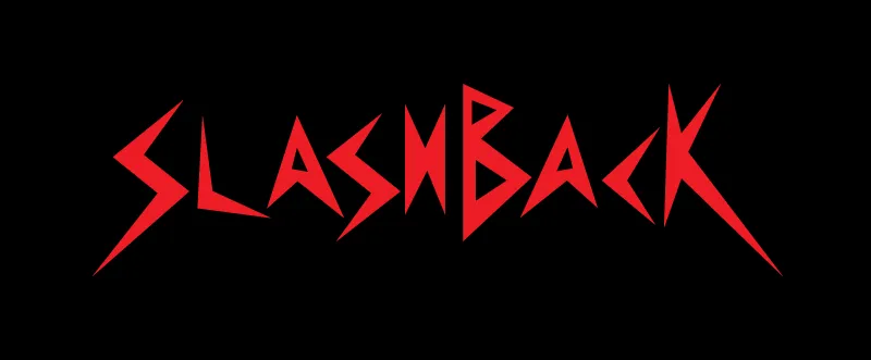 Slashback nameplate is written in red angular text to look like slash marks in front of a black background.