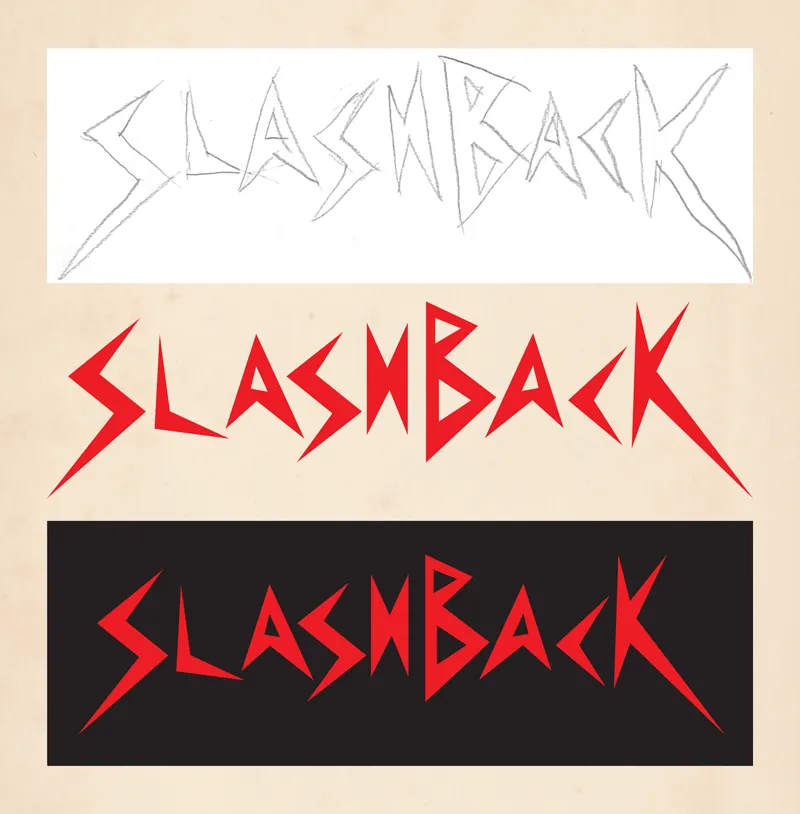 Different steps of the logo's creation with the hand drawn sketch on top, the red digital illustration in the middle, and the digital illustration in front of a black background on the bottom.