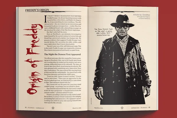 Mockup of the zine open face-up and flat to display the first spread of the cover article. The headline is angled vertically along the left side with the article itself starting to the right of it. On the right page is an illustration of a mysterious man in a trench coat with captions surrounding him. All is presented on a crimson table surface.