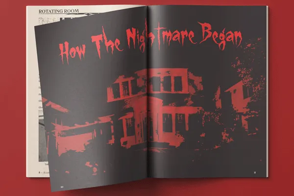 Mockup of the zine open face-up to display the zine's centre spread, which is a black and red photo of a house with the text 'How The Nightmare Began' above it. All is presented on a crimson table surface.