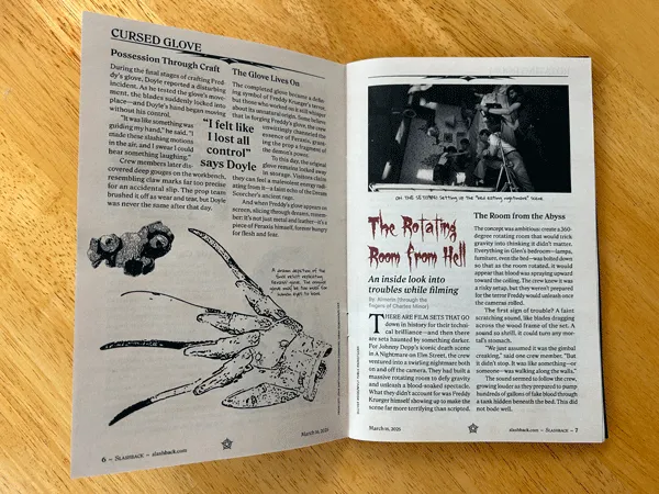 Prototype of the zine open face-up to display the end of an article on the left page and the beginning of the next article on the right. Font pairings, ink illustrations, and a black and white photo are all within the layouts shown. All is presented on a wood table surface.
